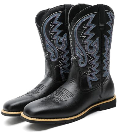 Stivali da Cowboy Western in Pelle con Punta Quadrata da Uomo Stivali da Lavoro Casual a metà Polpaccio Stivali Country Ricamati in Pelle Stivali Country Tradizionali Tradizionali,Nero,42