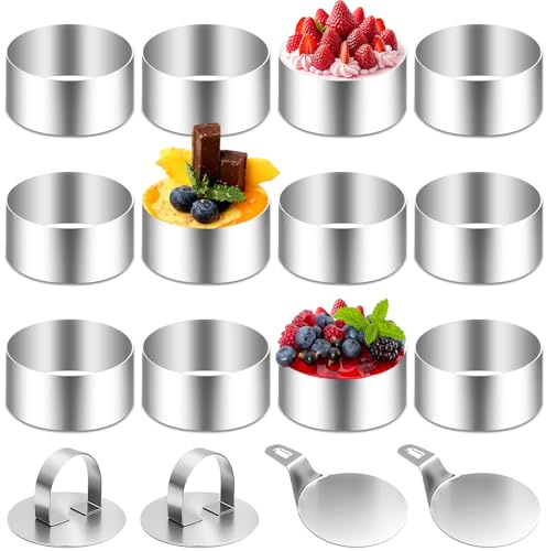 Aurinovellia 12 Pezzi Coppapasta Tondi, Coppa Pasta di Acciaio con 2 Coperchio e 2 Base, Anelli per Torte in Acciaio Inossidabile, Anello per Torte, per Torte, Mousse, Dessert e Biscotti 8 × 4 cm