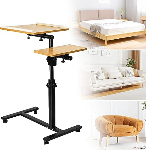OHMG Table de lit a Roulette,2 Plateaux,pour Fauteuil,Réglable d'une Main,Table À roulettes,Table Déjeuner,Plateau Repas Canapé Lit,pour Ordinateur Portable