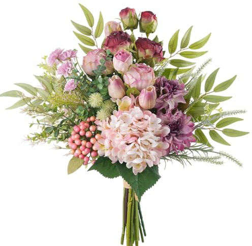 Peauley 18-inch Artificial Fake Flowers Silk Flower Arrangements Faux Bouquets with Roses, Tulips, Calliopsis, Dahlias, Hydrangeas, Sages, Dandelions, Eucalyptus and Berry Bead Branch