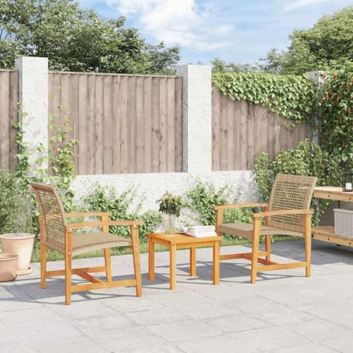 WEMYUFURN Set da bistrò, 3 pezzi, beige, in polyrattan e legno di acacia, con sedie, schienale e braccioli, per giardino, balcone