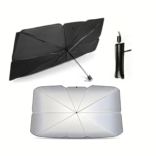 Parasol Coche Delantero Tipo Paraguas Plegable, Protector Solar para Parabrisas, Bloquea Rayos UV, Aislante Térmico, Incluye Funda de Almacenamiento140x79cm.