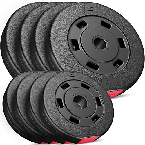 Hop-Sport Hantelscheiben Set 30 kg (4x2.5kg, 4x5kg) Kunststoff, Gewichtsplatten mit 31mm Lochdurchmesser, ideal für Standard 30mm Langhantelstangen, Robuste Gewichtsscheiben für Krafttraining