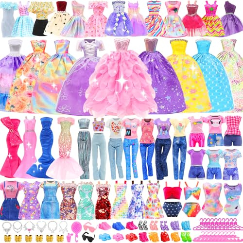 80 PCS Doll Clothes and Accessories 5 Wedding Gowns 9 Fashion Dresses 3 Tops 3 Pants 1 Evening Dresses 2 Swimsuits Bikini 20 Hangers 18 Shoes and 22 Accessories Toys for 11.5 inch Doll