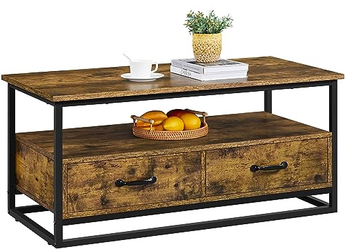 Yaheetech Coffee Table with Storage Drawers, Industrial Side Tea Table for Living Room Home Furniture, Metal Frame, 100x 48 x46 cm