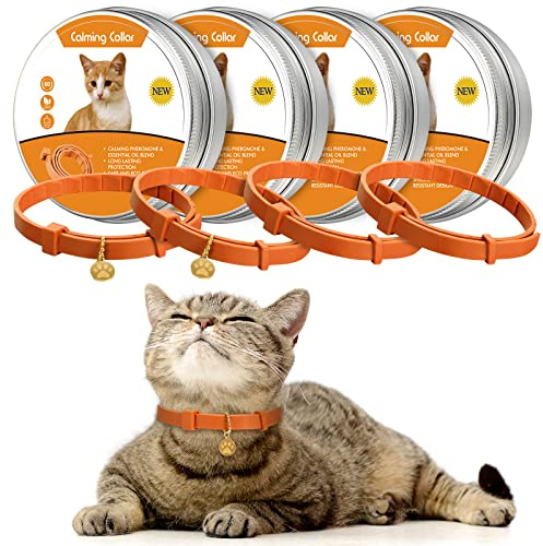 Weewooday 4 Pcs Cat Calming Collar Adjustable Pheromones Scent Relaxing Cat Collar with 2 Pendant for Puppies Reduce Stress Aggression Anxious, up to 15 Inches(Orange)