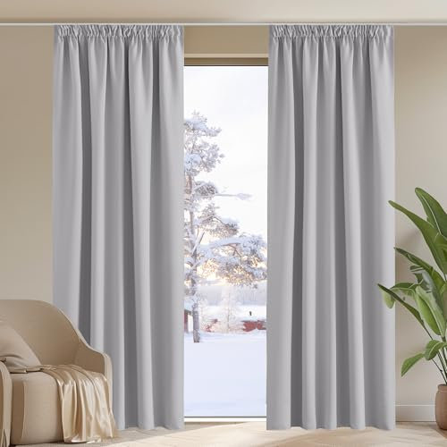 PONY DANCE Thick Blackout Curtains for Patio - Energy Saving Door Curtains Thermal Pencil Pleat Curtains Silver Grey Room Divider for Kitchen Study Cinema Decoration, W90 X L90, 2 Panels
