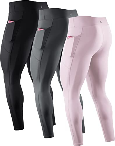 NELEUS Men's 3 Pack Compression Pants Workout Running Tights with Pocket,6109 Black,Grey,Pink,L