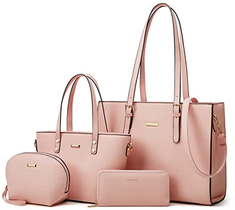 Bolsos de cuero sintético para mujer, bolso de mano, bolso de hombro con asa superior, conjunto de 4 piezas, Rosa (Pink-a)