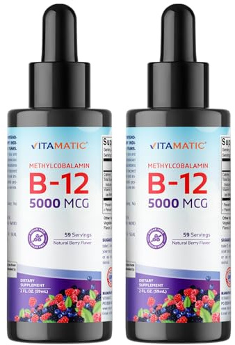 Vitamatic 2 Packs Fast Acting Liquid Vitamin B12 5000 mcg (Methylcobalamin) - Natural Berry Flavor - Sublingual Supplement - Faster Absorption - 2 OZ