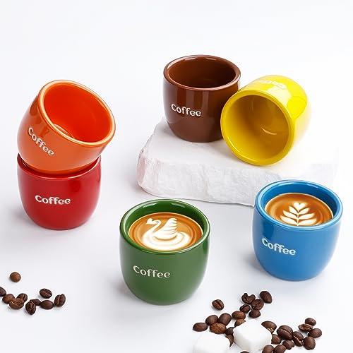 ZEBERBO Keramisk espressokopp set med 6, One Shot kaffekoppar, dubbelväggiga 90 ml små kaffekoppar Demitasse för Espresso, porslin espresso kaffemuggar set med 6 färger