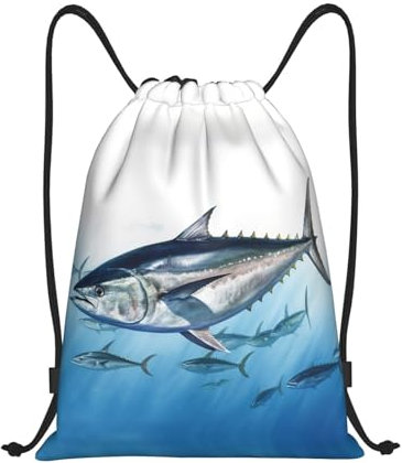 Dwrepo Bluefin Thunfisch Thunnus Print Kordelzug Rucksack Taschen Wasserdicht Sport Sack Cinch Gym Bag für Damen Herren, Schwarz, M