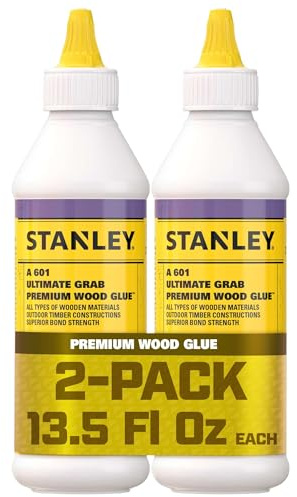 Stanley A 601 PVA Wood Glue - 2x13.5oz. - Water Resistant Adhesive for D3 Bond Strength on Hard and Soft Woods - Ideal for Bookbinding, Crafts, and Woodworking Projects, 2 Pack