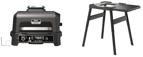 NINJA Woodfire Barbecue électrique et fumoir Pro XL avec thermomètre, Barbecue et Air Fryer & Woodfire Table d'appoint, Support réglable et latérale, Support pour Barbecue, Grill
