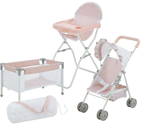 Olivia's Little World Polka Dot Princess Baby Doll 3pc Nursery Set - Crib, High Chair & Stroller, Pink & Grey
