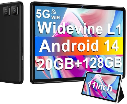 Tablet 11 Pulgadas Android 14 con 8000 mAh + Carga Rápida 18W, 13MP + 5MP, 20GB RAM + 128GB ROM (Ampliable a 1TB), Tablets con Widevine L1, 5G Wi-Fi, GPS, 8 Cores 2.0 GHz, Face ID, Bluetooth 5.0, Nero