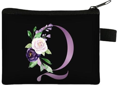 FAVORTALK Purse Pouch Black Coin Purse Small Soft Velvet Coin Wallet Initial Coin Bags Floral Money Pocket for Boy and Girls Mini Purse with Initial Letter for Keys Earphone - 43419