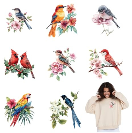SUPERDANT 9Pcs Oiseaux et Fleurs Transfert Textile Thermocollant Perroquet Transfert de Chaleur Autocollants Thermocollants Autocollants Colibris Transfert de Chaleur Autocollants DIY
