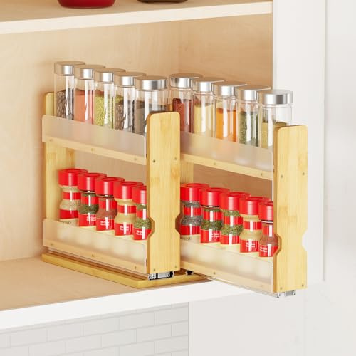 SpaceAid Bamboo Pull Out Spice Rack Organizer for Cabinet, Heavy Duty Slide Out Seasoning Kitchen Pantry Sliding Vertical Organization, 5.1 Wide, 2 Drawers(2 Wide), 2-Tier, Natural