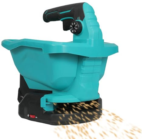 UOEONR Spargitore per fertilizzante a batteria Makita da 18 V, con contenitore da 3,3 litri, angolo di diffusione di 140°, velocità di diffusione a 6 livelli, controllo del flusso a 8 livelli, copre