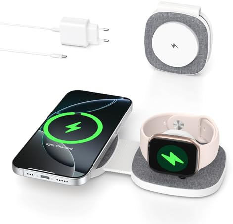 2 in 1 Foldable Wireless Charger for MagSafe Charging Station for iPhone 17e/Air/17/16/15/14/13/12 Series, for Apple Watch 11/10/9/8/7/6/5/4/3/2/Ultra/SE, for AirPods(20W PD Adapter)