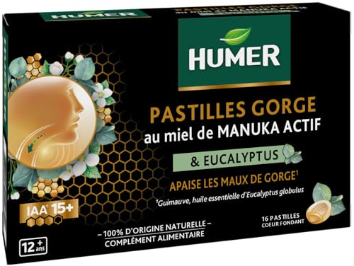 Humer - Pastilles Gorge Cœur Liquide Manuka 15+ - Apaise la gorge en cas de gêne - Formule 100% d'origine naturelle - Miel de Manuka, Guimauve et Huile essentielle d'Eucalyptus - 16 pastilles