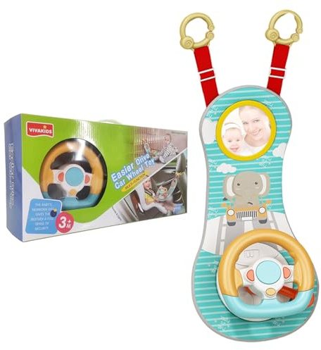 Rear Facing Car Seat Toys, 360° Rotation Baby Steering Wheel Toy with Mirror, Music, Lights and Driving Sounds, 12 Months+ Kids Steering Wheel for Car Backseat.Toys and Games