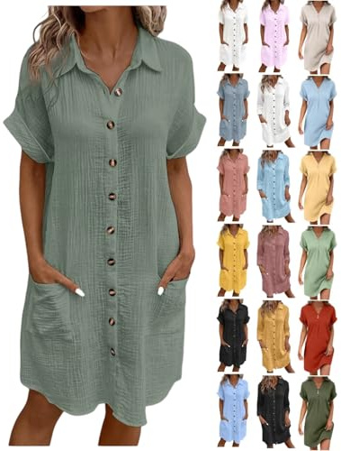 Robe Chemise Femme Lin Coton Ete Chic et Elegant Tunique Manches Courtes Jupe Ample Casuel Couleur Unie Robes avec Boutons Col V Robes De Plage Grandes Tailles Dress Confortable Robe Longue Boheme