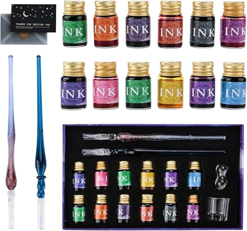 JOTOL Juego de Pluma de Cristal,2 Bolígrafos de Pluma de Cristal 12 Tintas Multicolores,Juegos de Caligrafía para Tarjetas de Felicitación,Papel Postal,Decoración,Escritura y Regalos