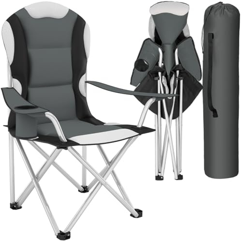 tectake® Chaise de Camping Pliable, Rembourrage en Mousse, 60 x 88 x 105 cm | Facile à manipuler, Base en plastique pour la stabilité, Polyester imperméable. Porte-boissons, Sac de transport inclus, Gris