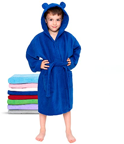 Twinzen - Peignoir Enfant Coton pour Fille et Garçon - 100% Coton Oeko-TEX® sans Produits Chimiques- 2 Poches, Ceinture, Capuche avec Oreilles,11-12 ans,Bleu