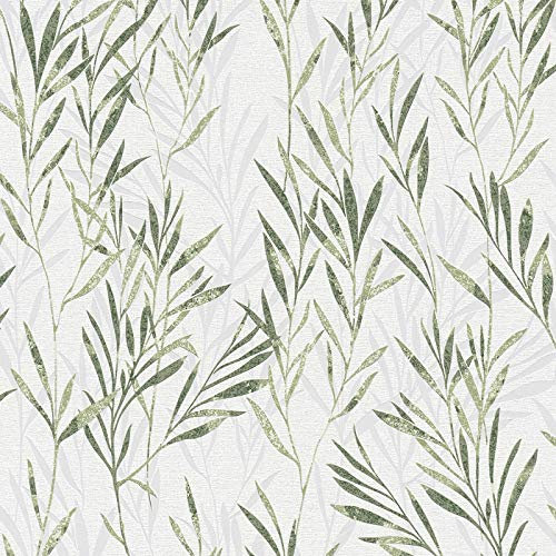 Florale Tapete in Olive und Weiß | Mediterrane Vliestapete mit Blätter Muster | Esszimmer und Küchentapete mit Ästen abwaschbar