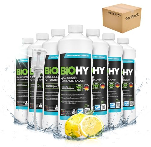 BiOHY Glasrengöringsmedel för fönsterluckor (9 x 1l flaska) + doser | lämplig för alla fönstersugor | säkerställer en strålande glans på alla släta ytor | för strimmelfri rengöring (Fenstersauger)