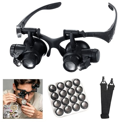 mlogiroa Head Mount Magnifying Glass with LED Light, Jewelers Loupe Magnifier with 8 Interchangeable Lens 2.5X/4X/6X/8X/10X/15X/ 20X/25X for Close Work/Electronics/Eyelash/Crafts/Jewelry/Repair
