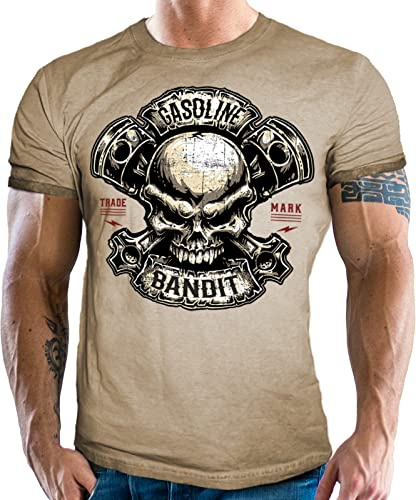 Gasoline Bandit Camiseta de motorista para motociclistas, diseño de calavera de pistón, Arena lavada, 3XL