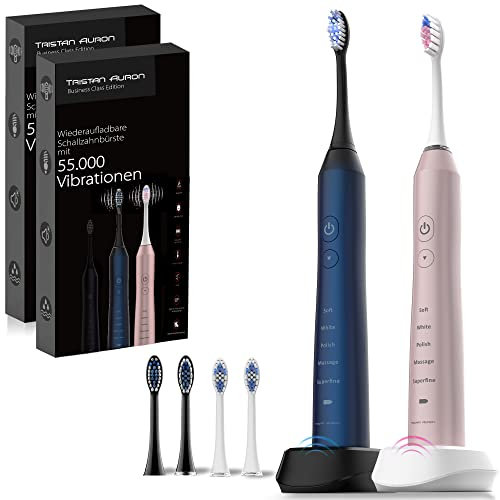 Doppelpack Schallzahnbürste - 60 Tage Akku - 55 000 VPM - 5 Modi - Tristan Auron elektrische Zahnbürste (Pink/Blau)