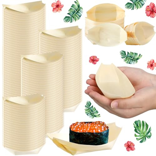 Newtay 500 Pcs Bamboo Boat Plates for Appetizer 5.5 Disposable Wooden Charcuterie Boat Leaf Small Sushi Serving Tray Food Dishes Container Bowl for Catering Home Hawaiian Wedding Party Supplies