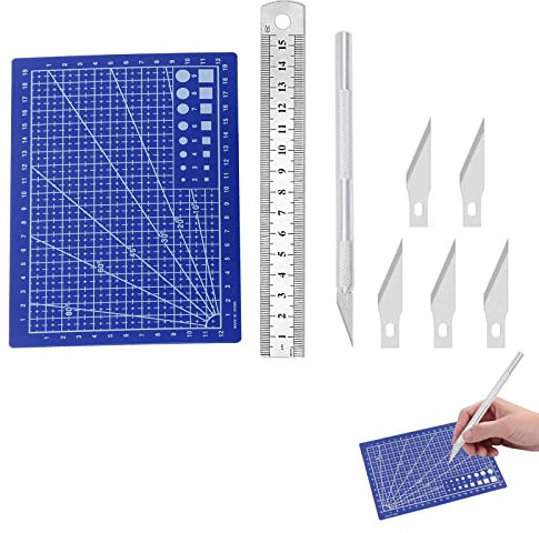 Schneidematte Set, Selbstheilende Schneidematte, A5 Schneidematte, Drehbare Schneidematte, Selbstheilende Nähmatte, mit Bastelmesser und Stahllineal für Basteln Zeichenunterlage Bastelskalpell