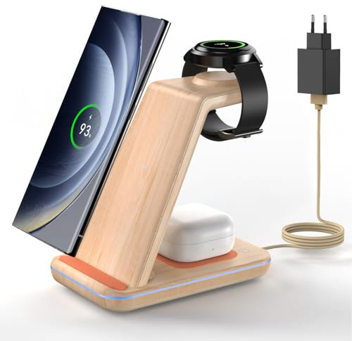 JoyGeek 3 in 1 Induktive Ladestation für Samsung, Wireless Charger für Samsung S25/S24/S23/S22/S21/ZFlip/Fold, Induktionsladegerät für Galaxy Watch Ultra/8-4, Kabelloses Ladegerät für Galaxy Buds-Holz