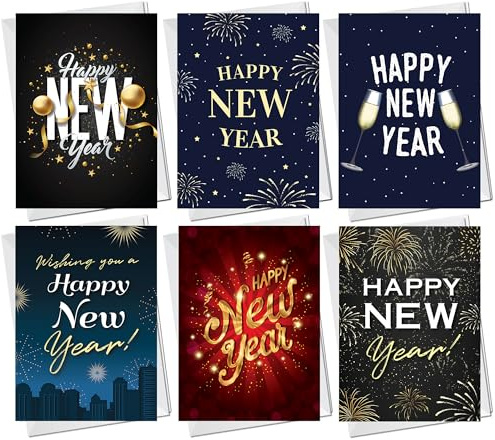 RED OCEAN Happy New Year Cards Pack of 12, Various New Year Greeting Cards & Envelopes, New Year Multipack of Cards, Cards For Friends Family Neighbours