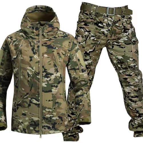 Cicilin Jaktkläder för män med fleecefoder vattentålig softshell jaktjacka med huva, Kamouflage, XL
