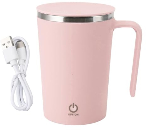 Haofy Stainless Steel Self Stirring Coffee Mug, 12oz Electric Rechargeable Automatic Mixing Cup with Lid, Reusable Magnetic Stirrer for Home, Office and Car (Pink)