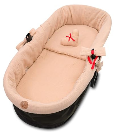 Stubenwagen Umrandung Musselin - Nestchen für Kinderwagen und Buggy Babybett Zubehör Babywanne und Kinderwagenzubehör Set 3-teilig Schonbezug mit Kissen und Einlage Beige