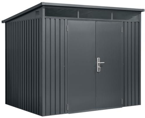 Gerätehaus Metall pulverbeschichtet anthrazit | Geräteschuppen Pultdach 237 x 186 x 201/179 cm | Tageslichtfenster, Gasdruckdämpfer, hochwertiges Schloss, Lüftungsgitter (4m² Grundfläche)