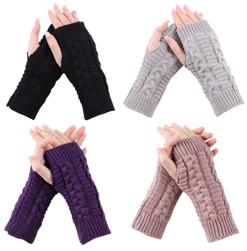 Lcaiualu 4 Pairs Knitted Fingerless Gloves for Women Winter Thumbhole Wrist Warmer Men Crochet Arm Warmers Hand Mittens (4PCS-D)
