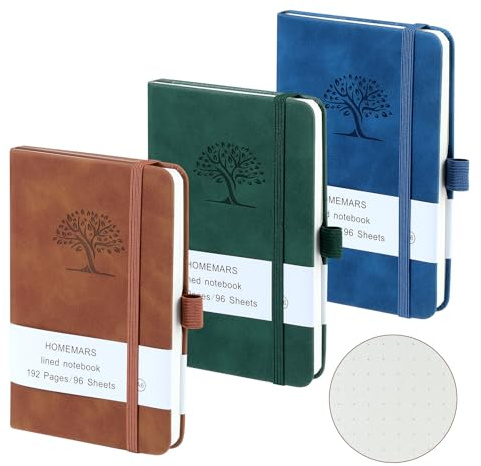 HOMEMARS libretas A6, juego de cuadernos de 3 piezas, Verde Marrón Azul, Cuaderno Punteado Bullet Journal, bloc de notas de 14,4 x 9,6 cm, cuaderno de bolsillo, diario de viaje, cuaderno de cuero