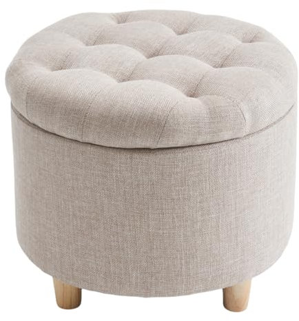 LEITING Round Large Storage Ottoman Toy Chair Seat Foot Stool Footstool Footrest Pouffe Upholstered with Linen Fabric Cover (Beige)