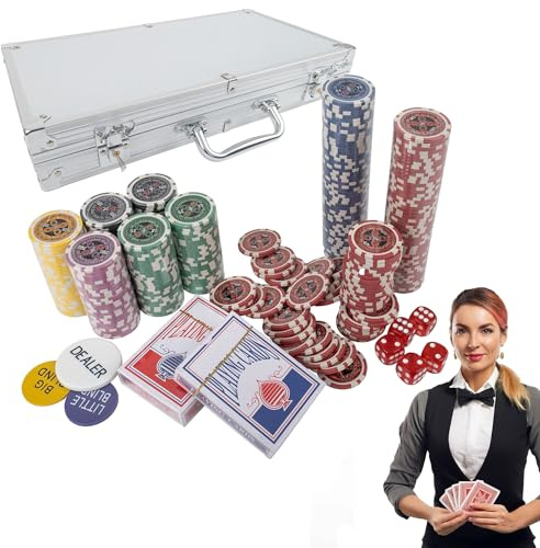 H&F Heimtextilien Pokerkoffer 300 Chips – Premium Poker Set mit 6 Wertstufen, 2 Kartendecks, Würfeln & Dealer-Button im Aluminiumkoffer