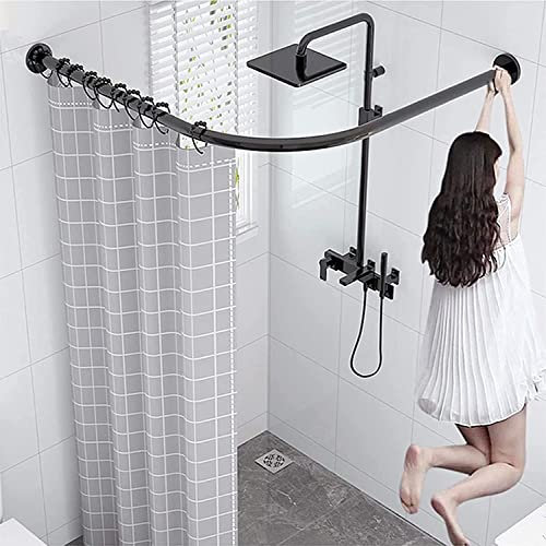 Bastone per tenda da doccia ad angolo curvo estensibile nero, tensione regolabile, a forma di L, per vasca da bagno, box doccia, finestra, senza bisogno di fori, barra per appendere vestiti, elegante
