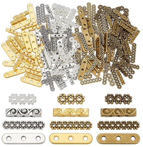 WADORN 180Pcs 4 Styles 3 Holes 7 Holes Antique Rectangle Spacer Bars, Tibetan Style Spacer Beads Tibetan Multi Strand Separator Spacers Bar Link Connectors for Bracelet Necklace Jewelry Making